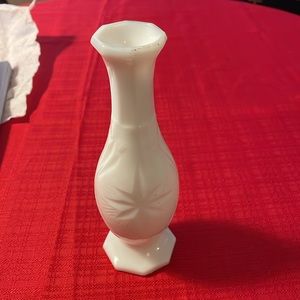 Milk Glass  7” Bud vase with star and crosshatch. Octagonal neck and foot.